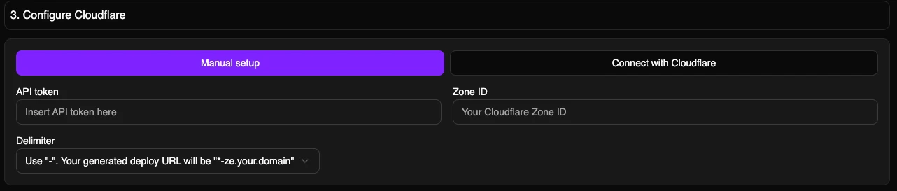 Cloudflare integration form with Manual setup selected