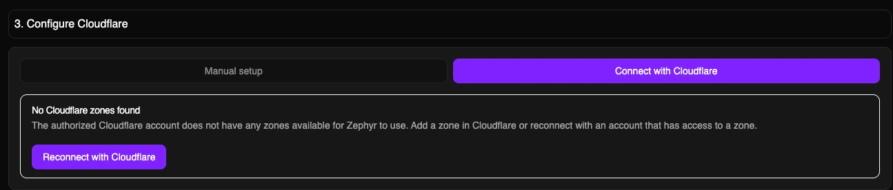 Cloudflare OAuth setup showing no zones found