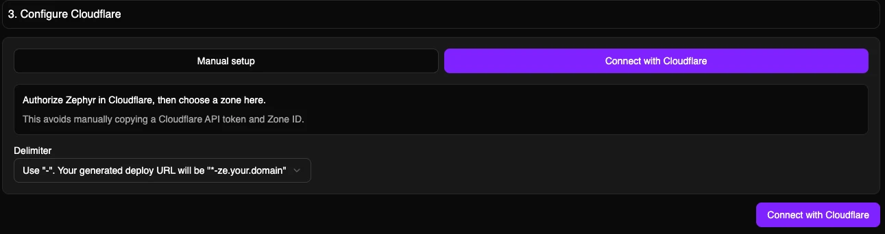 Cloudflare integration form with Connect with Cloudflare selected