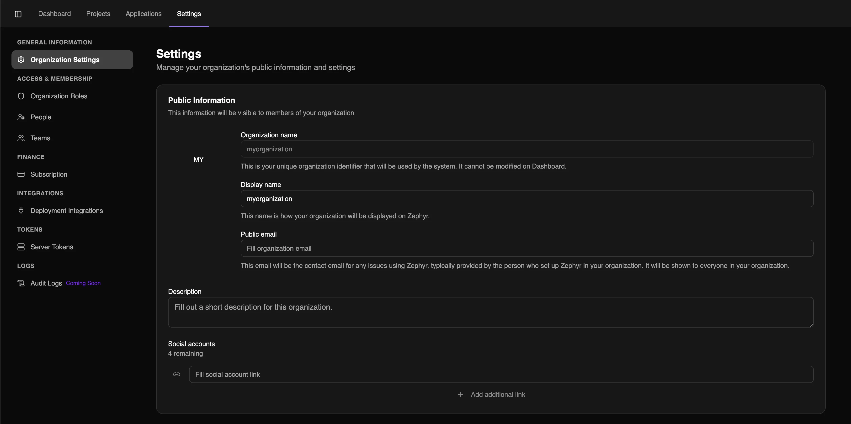 org settings screen