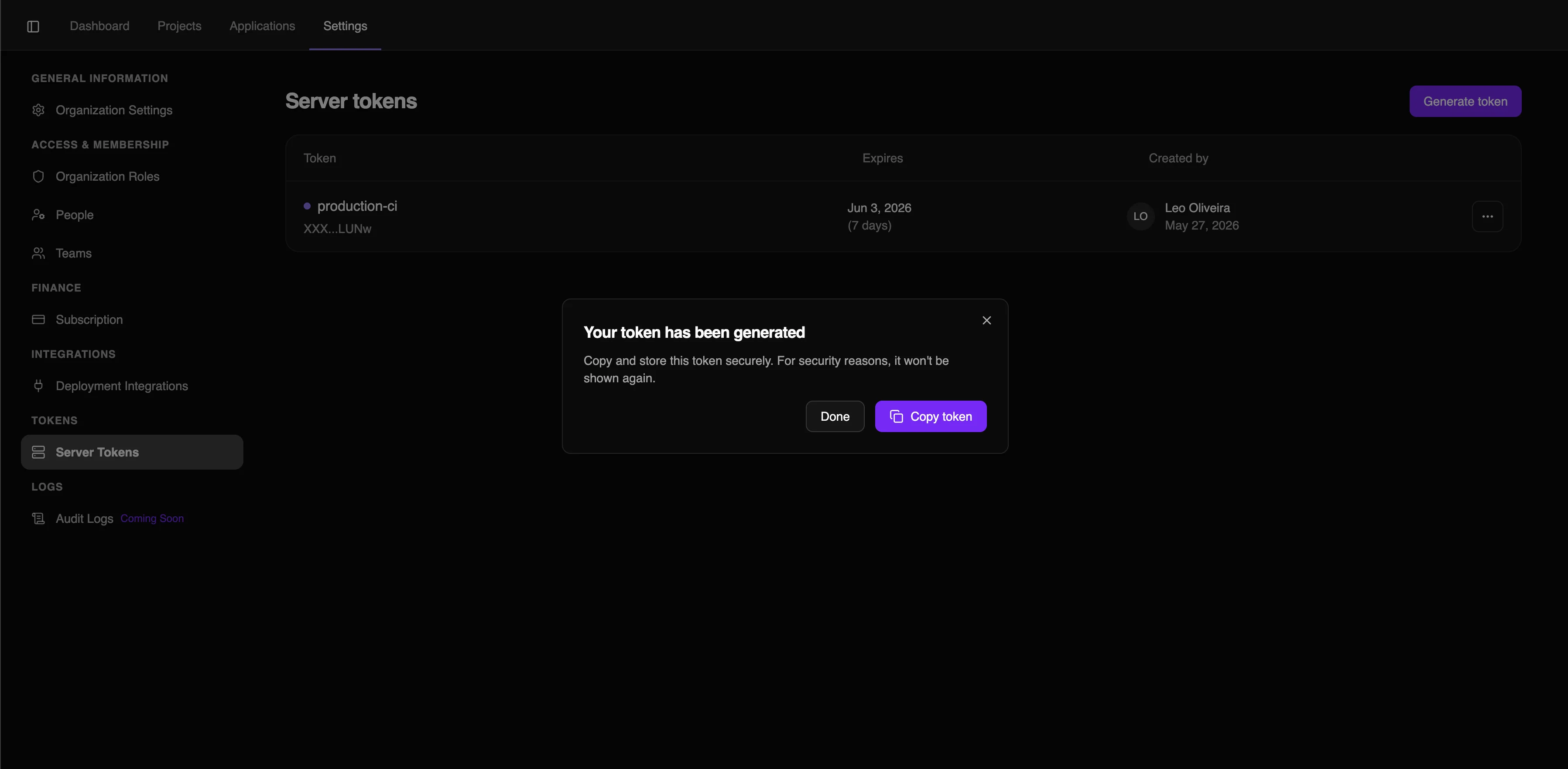 server token created screen