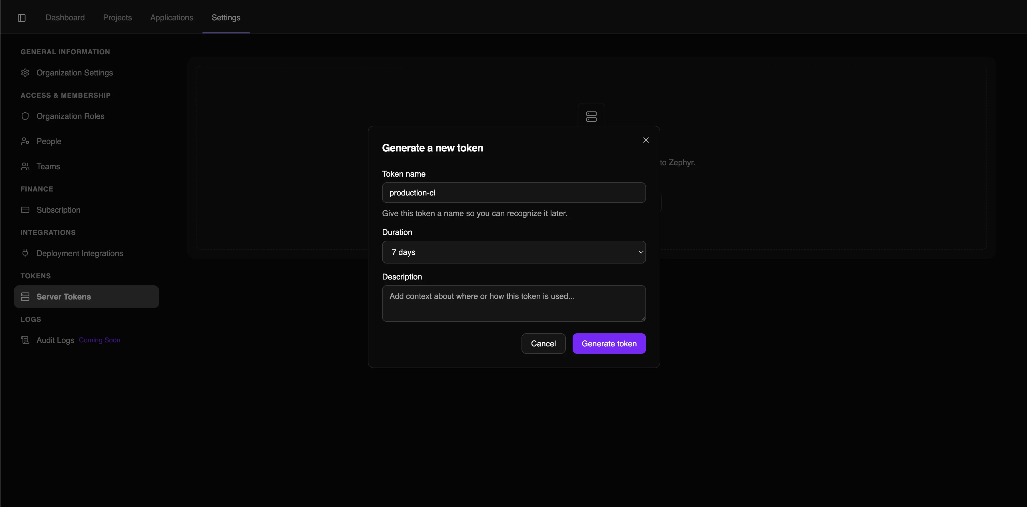 server token screen