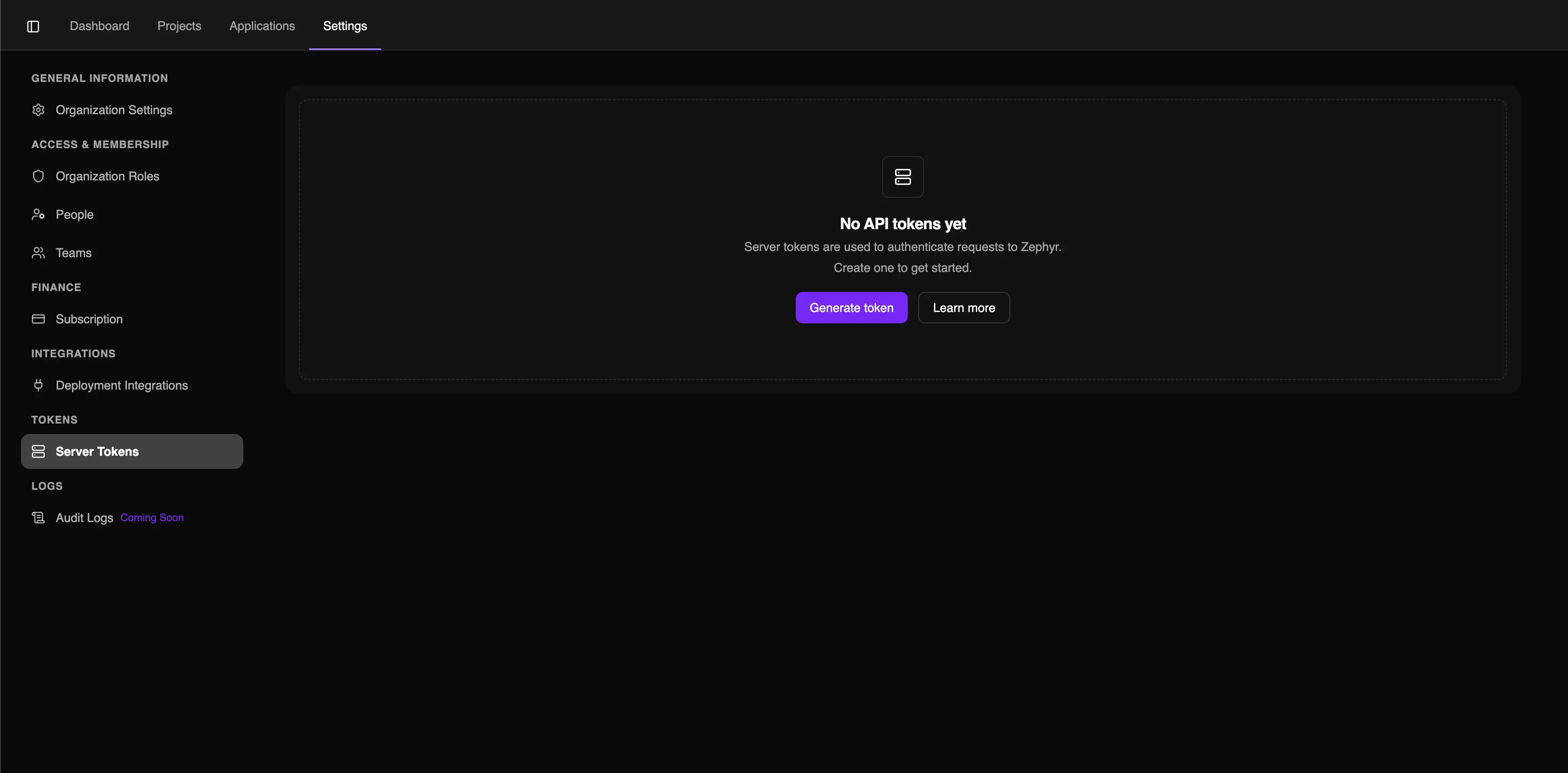 server token section screen